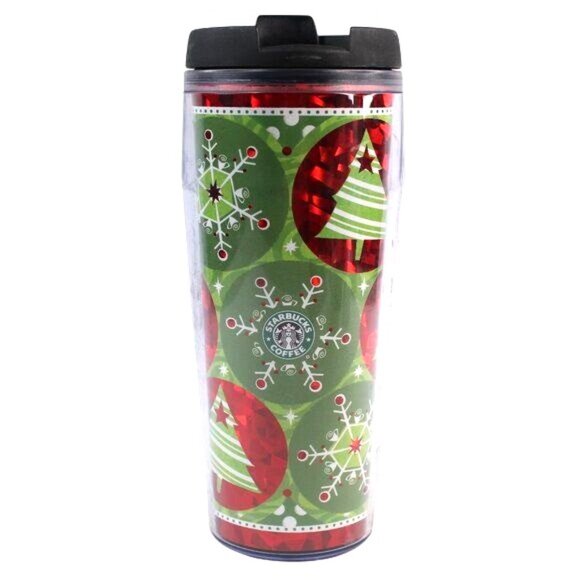VTG Starbucks 2009 Green Red Foil Christmas Tree Traveler Tumbler 16 oz Coffee - Picture 2 of 6